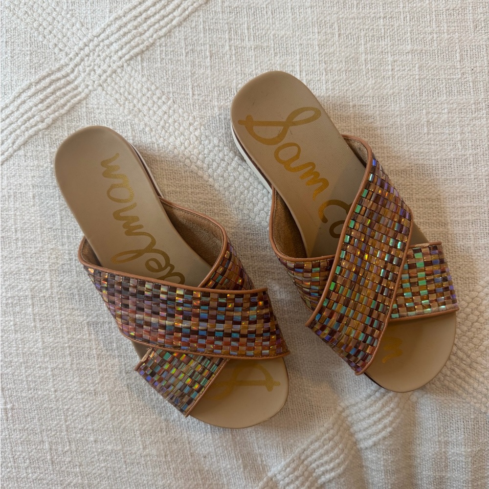 Sam Edelman Audrea slip on slide sandals woven iridescent woven strap